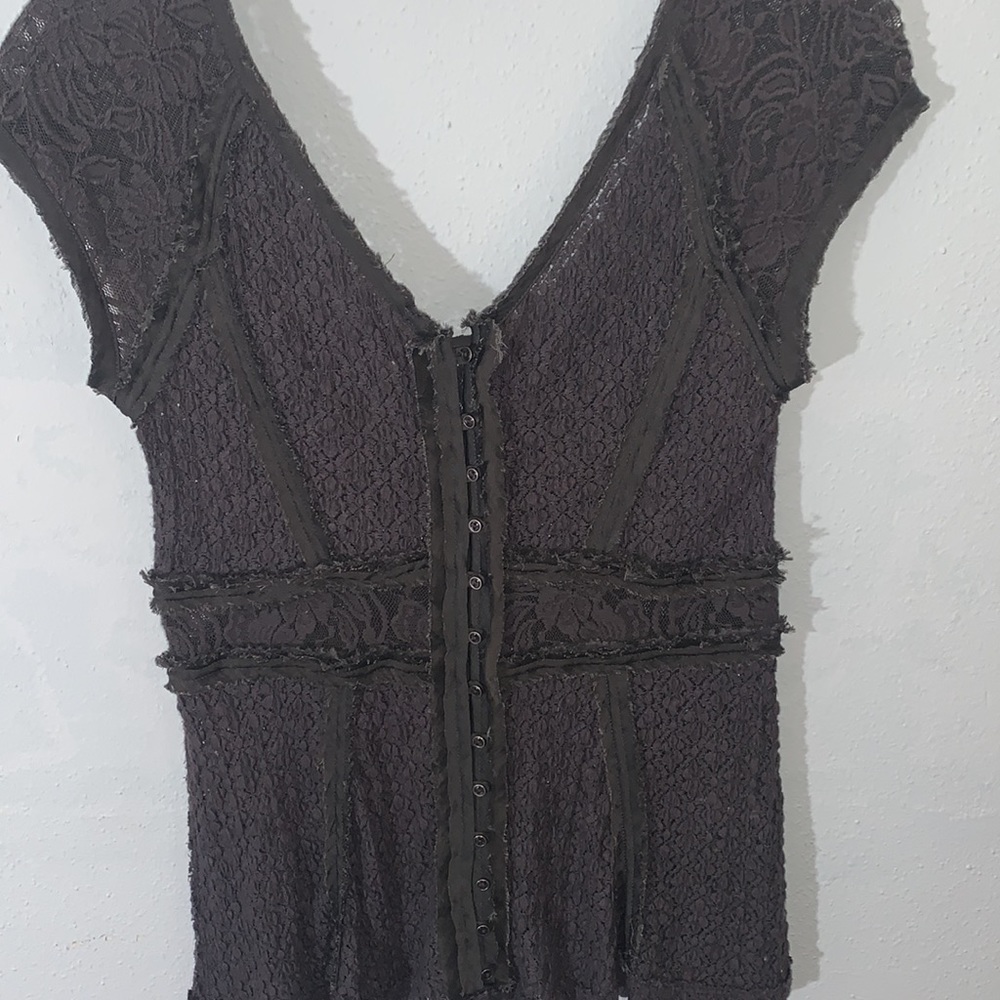 Free People lace lingerie style top. Dark gray, back button down. small